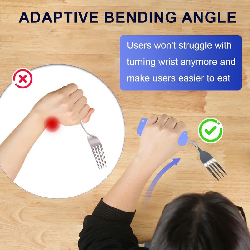 Ehucon Adaptive Utensils,Curved Angled Spoon and Fork Set,for Tremors Parkinsons Limited or Elderly,Lightweight Cutlery with Non-Slip Easy Grip Handles - Image 1